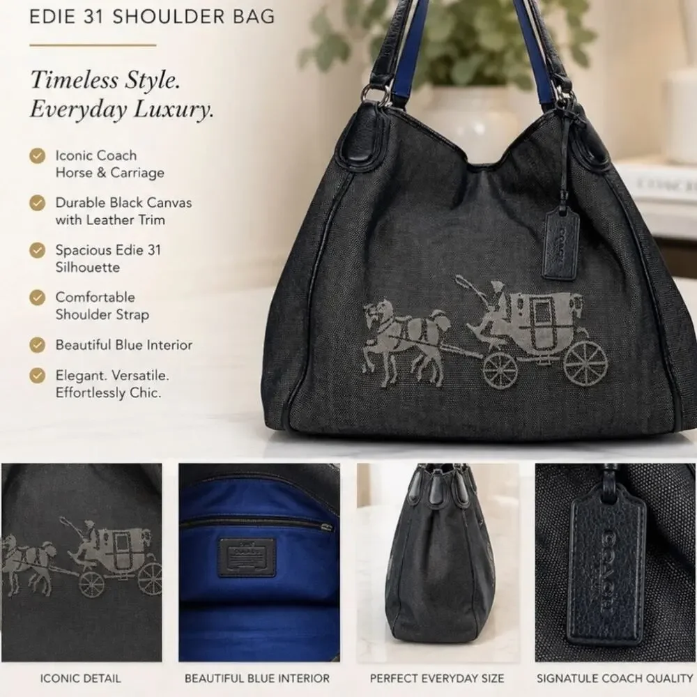 Coach Edie 31 Black & Blue Needlepoint Canvas Horse & Carriage Shoulder Bag - Picture 3 of 8